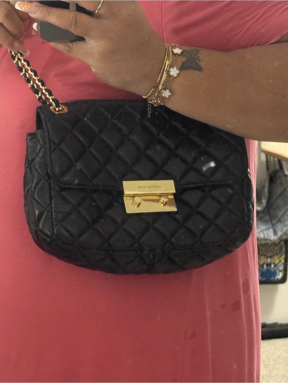 Michael Kors Black Quilted Shoulder Bag with Gold Hardware